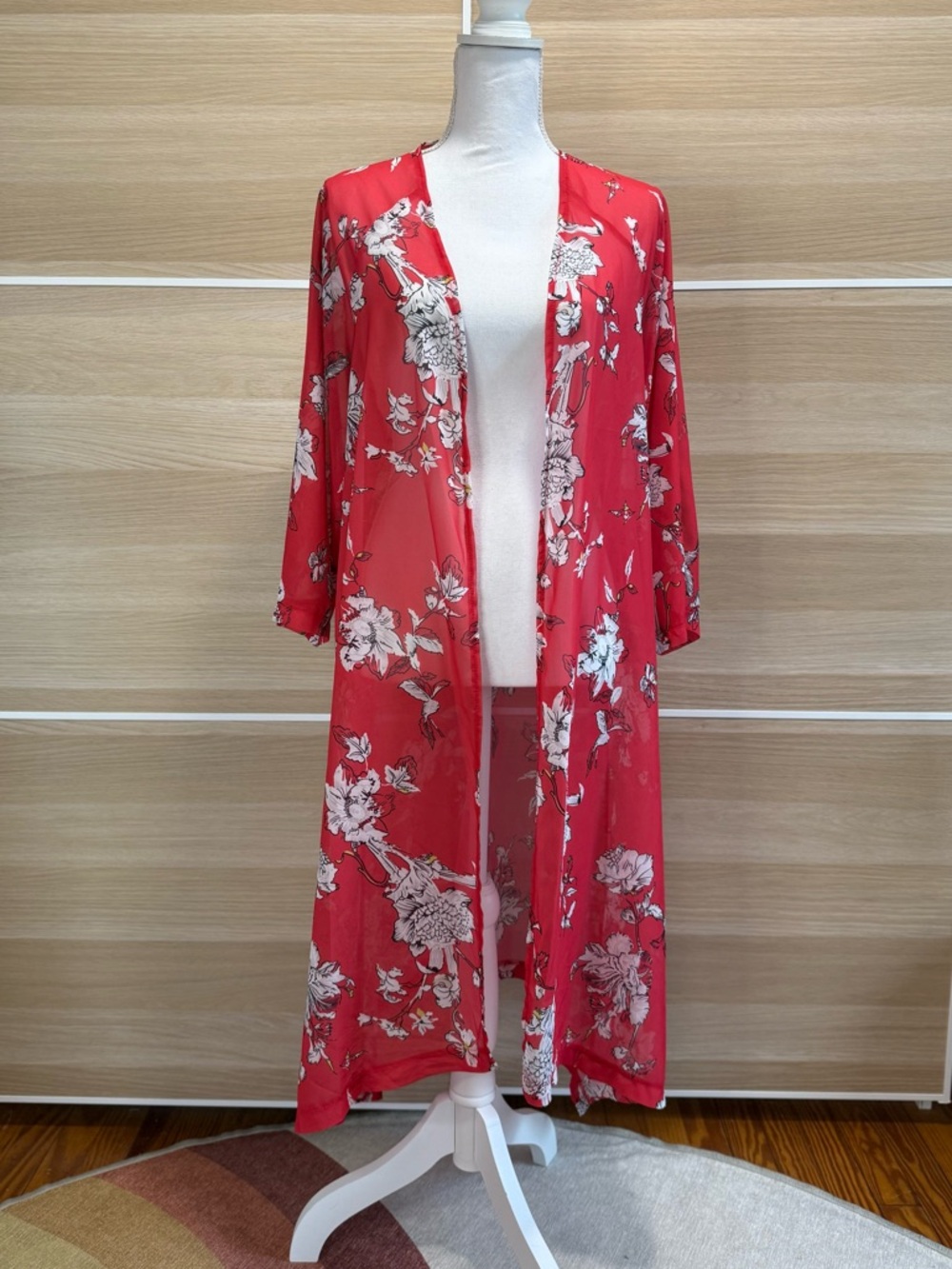 Red Floral Sheer Kimono Robe
